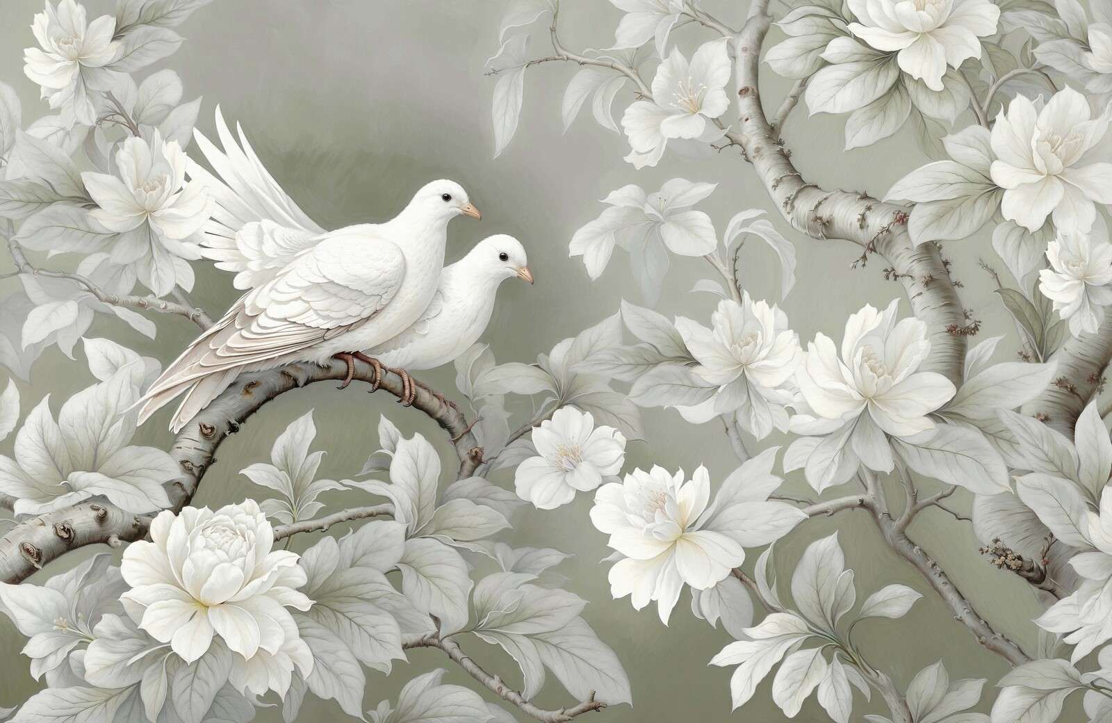 White doves among the blossom branches