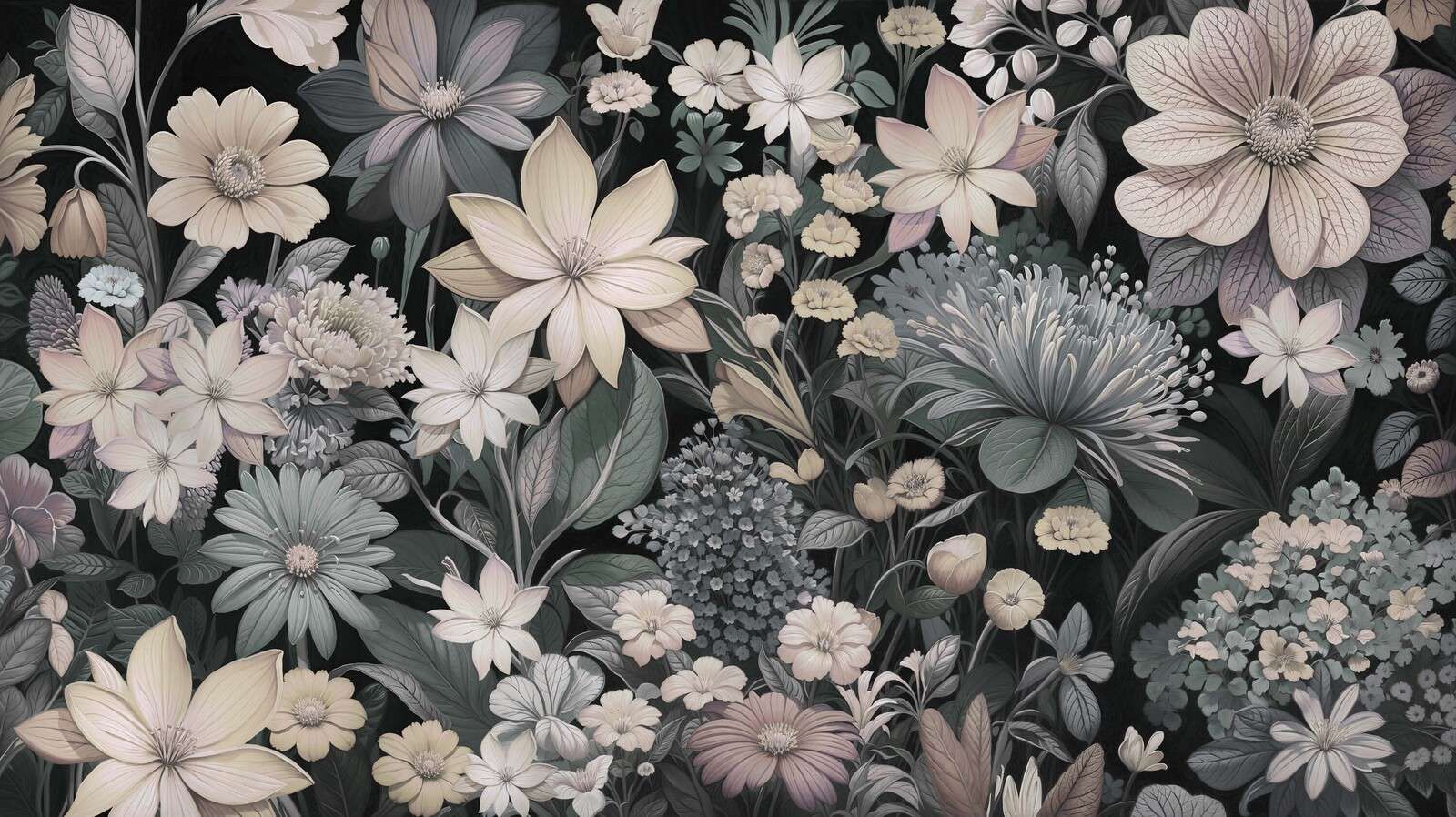 Dark flower meadow with pastel shades