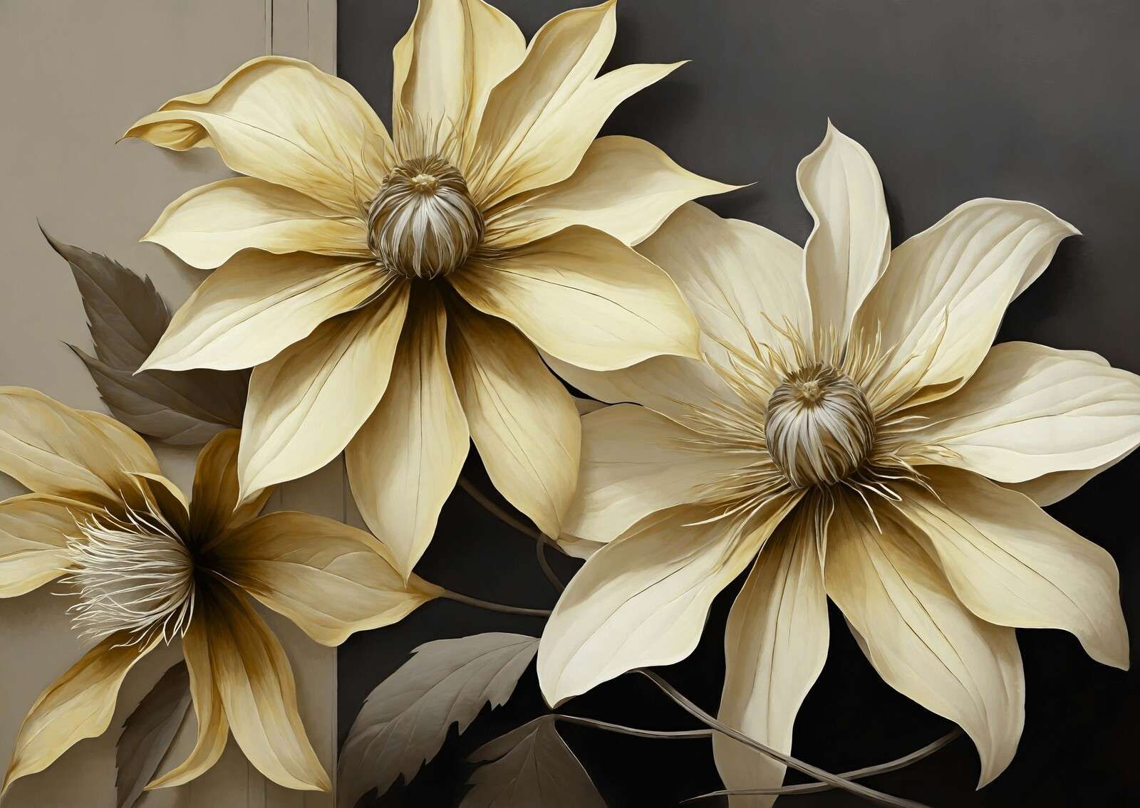 Golden clematis flowers on dark