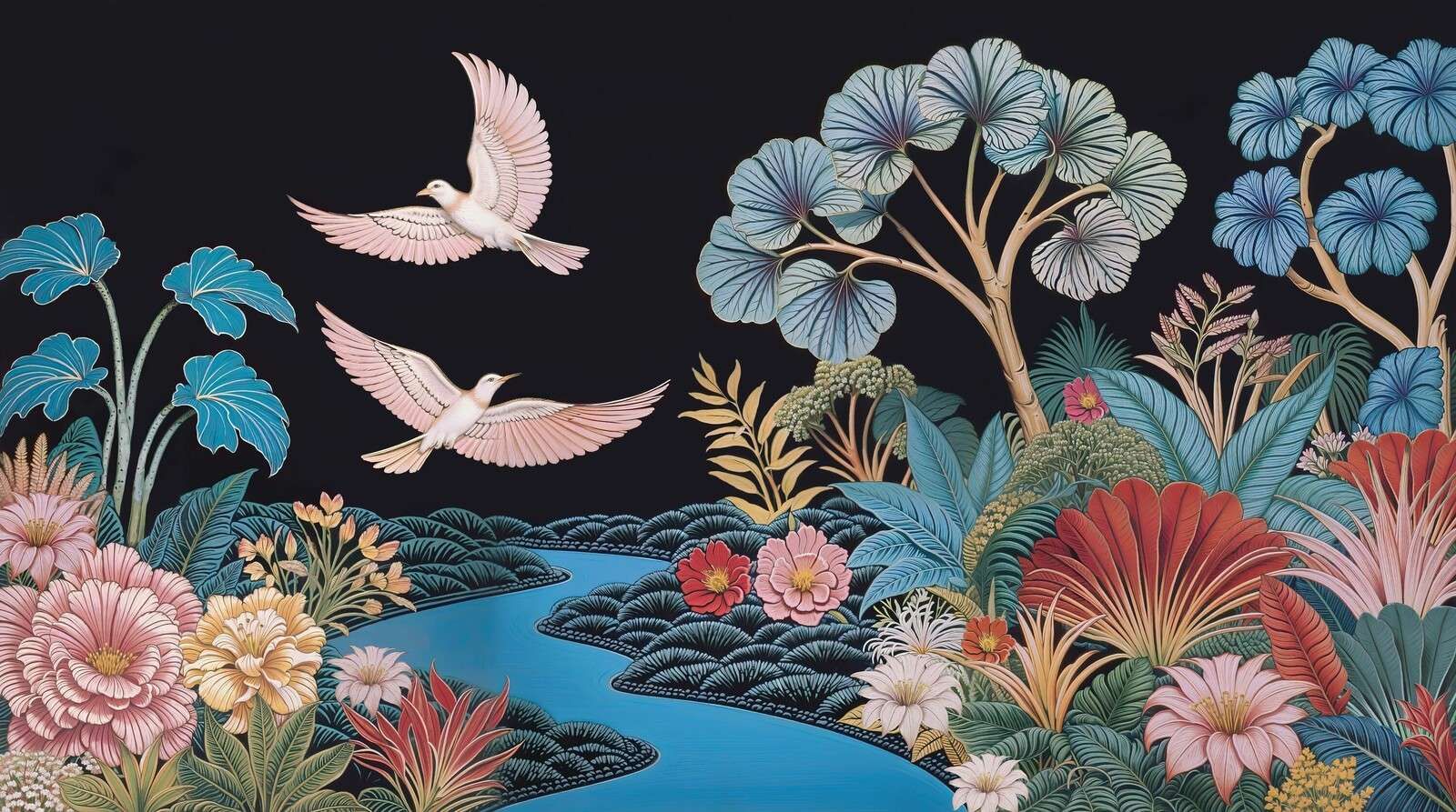 Tropical landscape with white birds