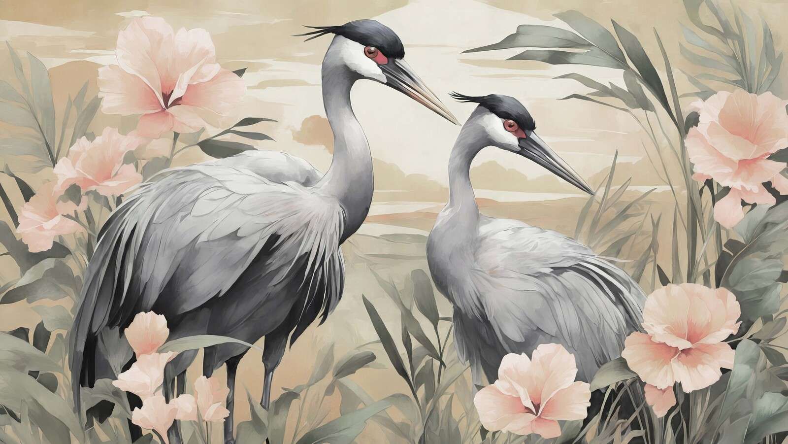 Elegant cranes with hibiscus flowers