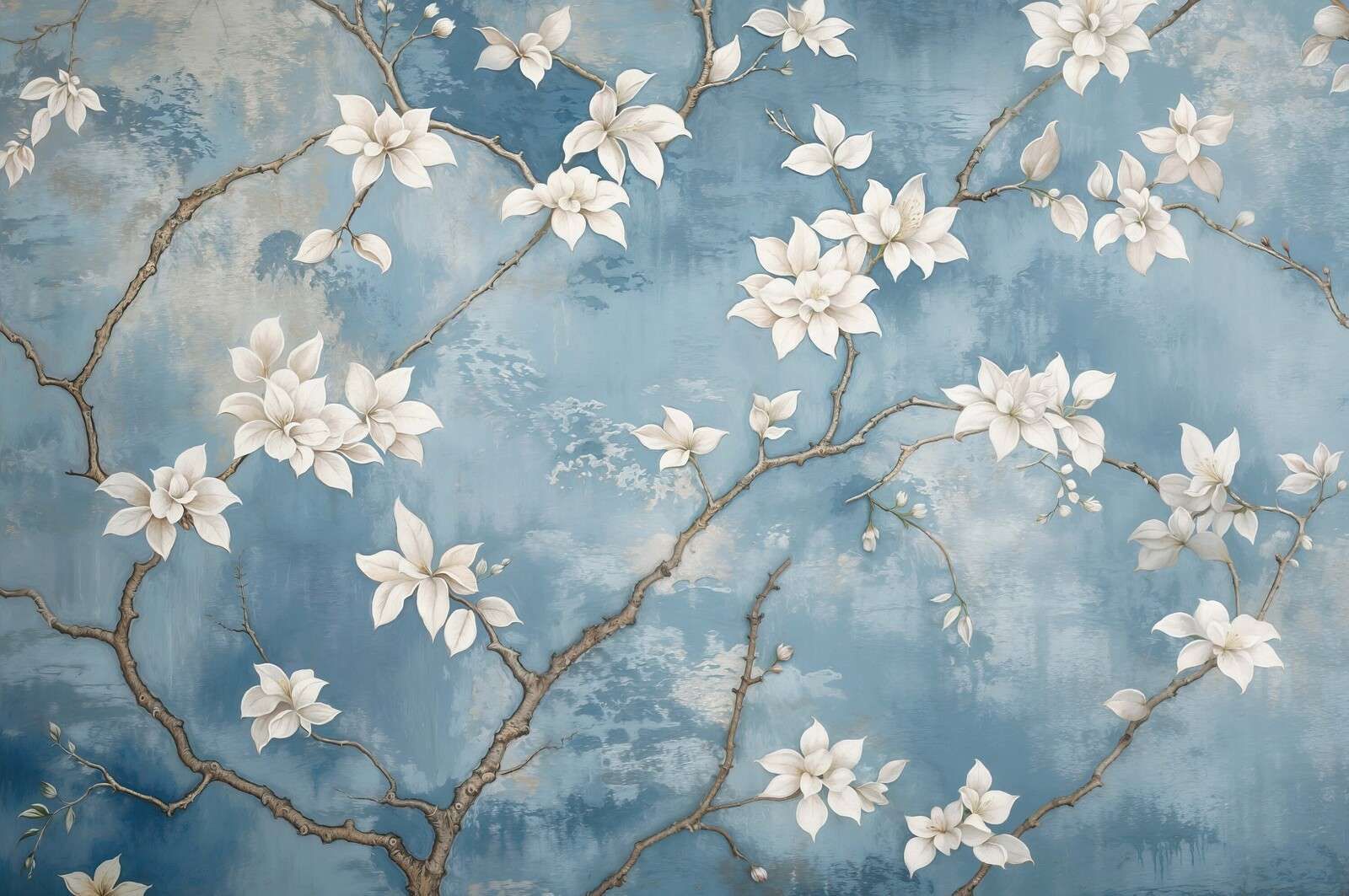 White magnolia blossom on blue