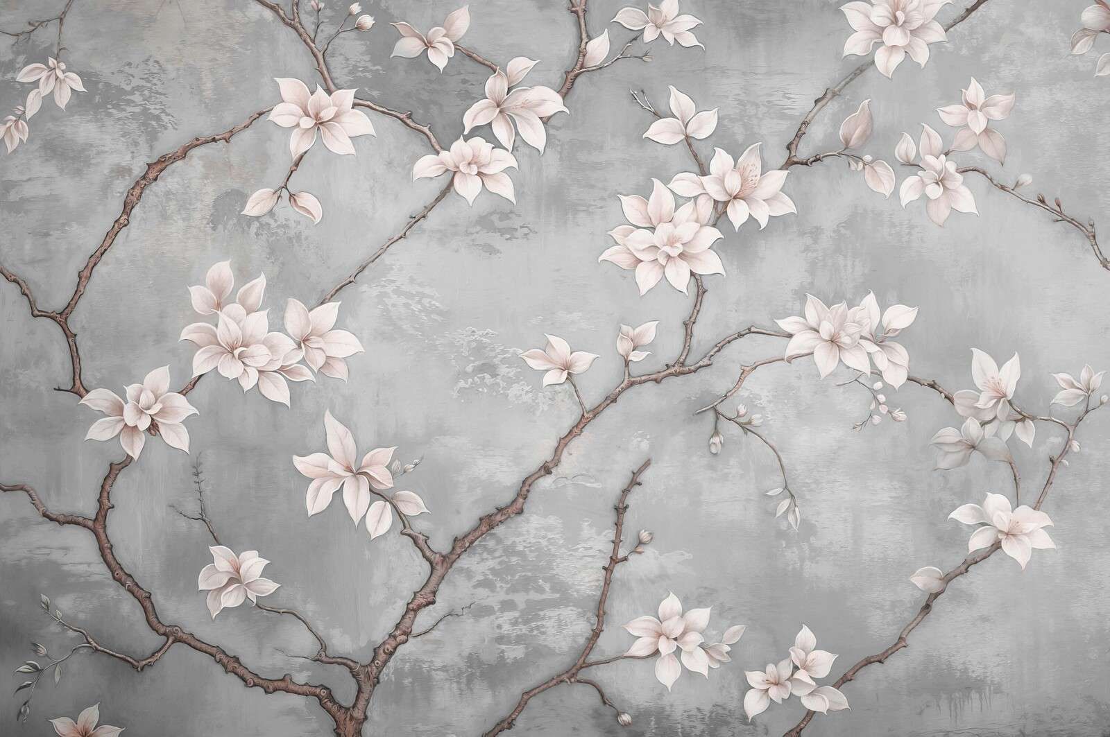White magnolia branch on mist gray