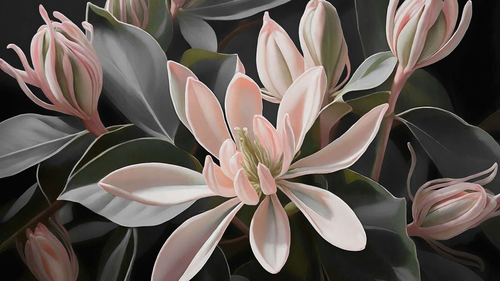 Soft magnolia blossoms on dark