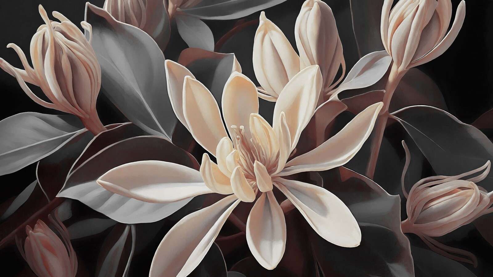 Cream-colored magnolia flowers on dark