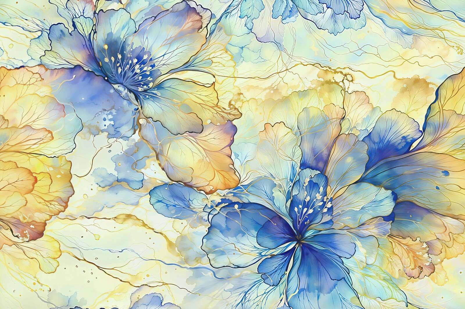 Watercolor flowers in blue and gold