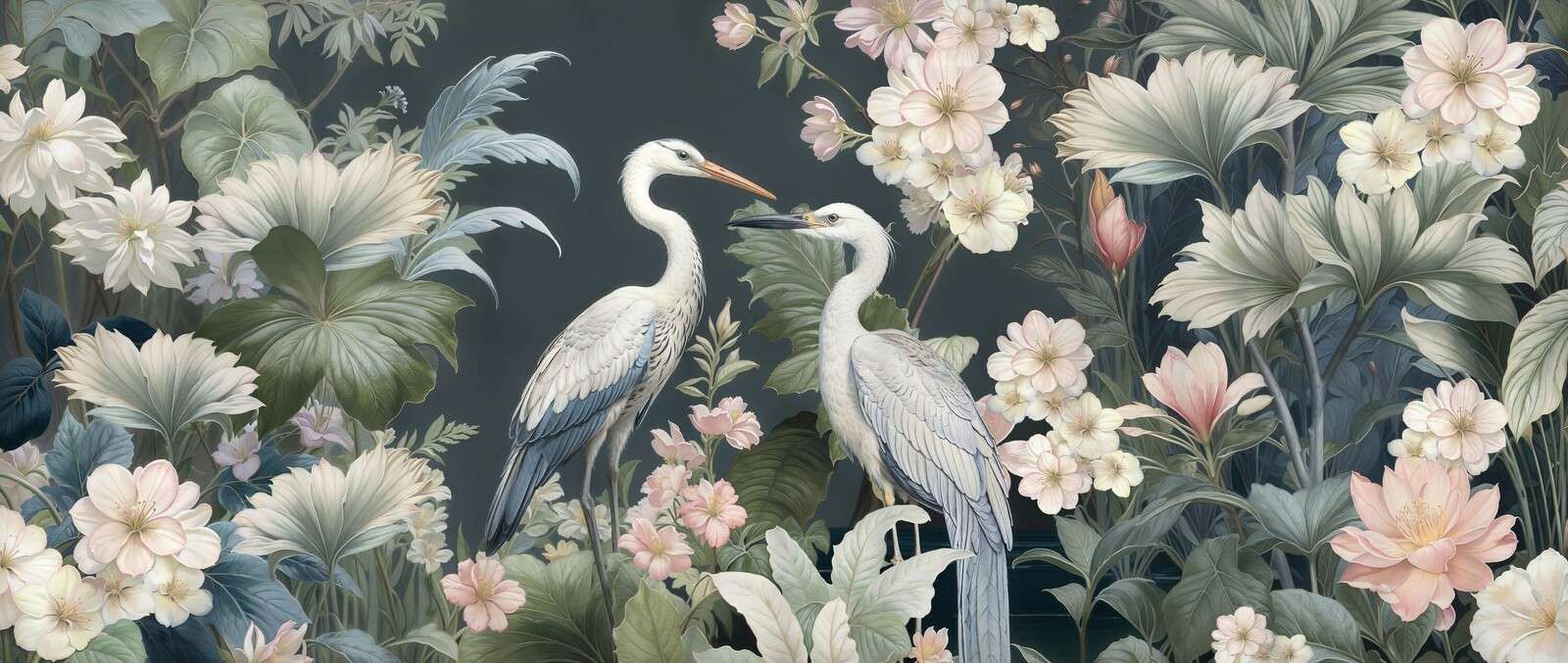 White herons among soft flowers