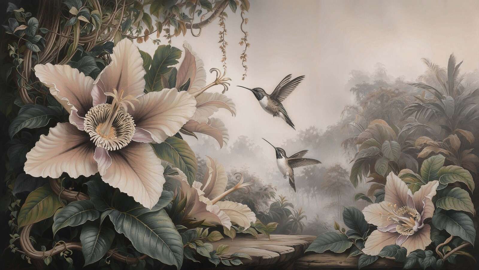 Tropical flowers with hummingbirds