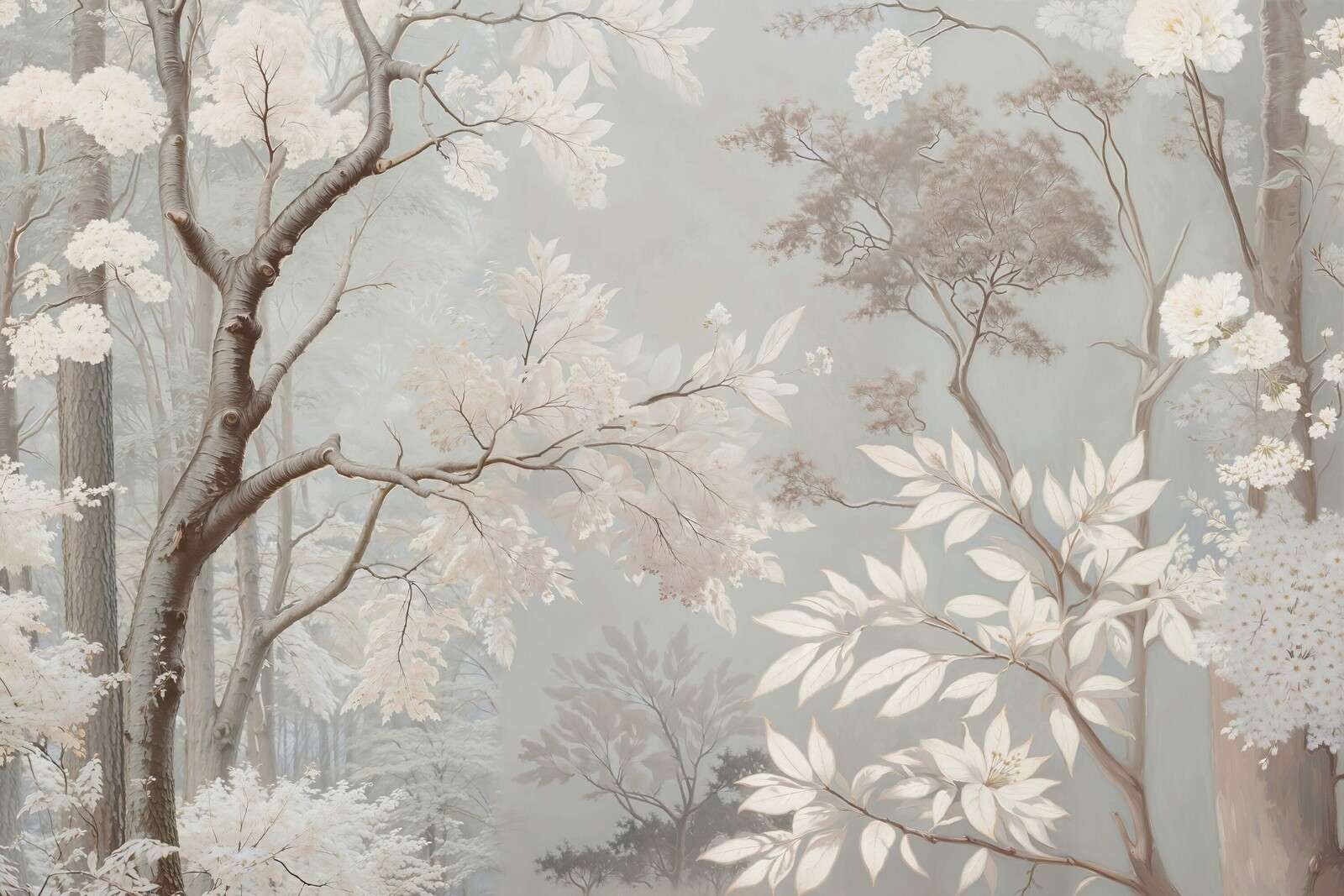 Misty forest landscape with white blossoms
