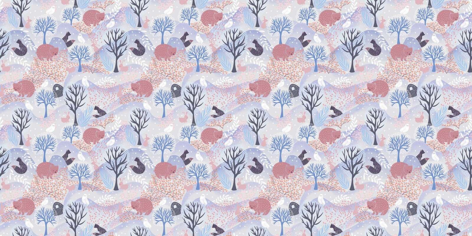 Pastel forest landscape with bears and birds