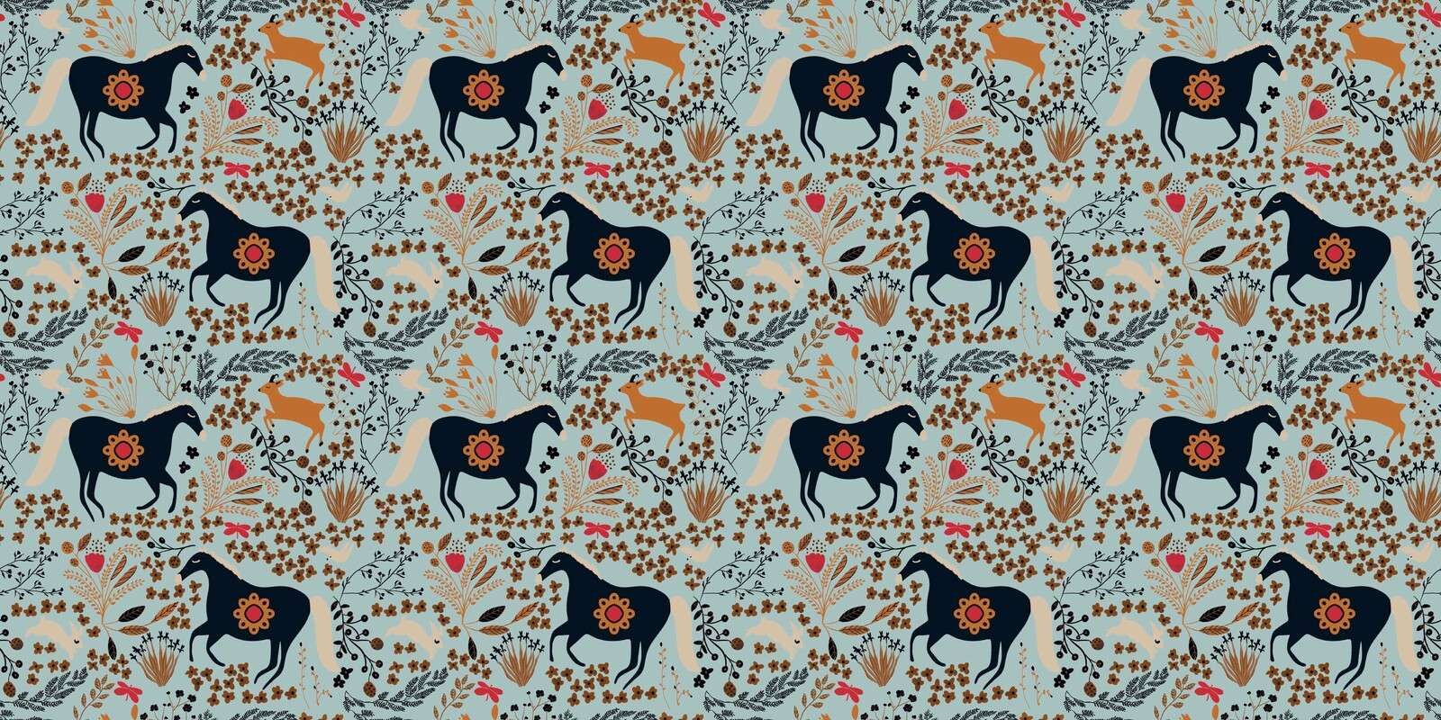 Flower field with horses and deer