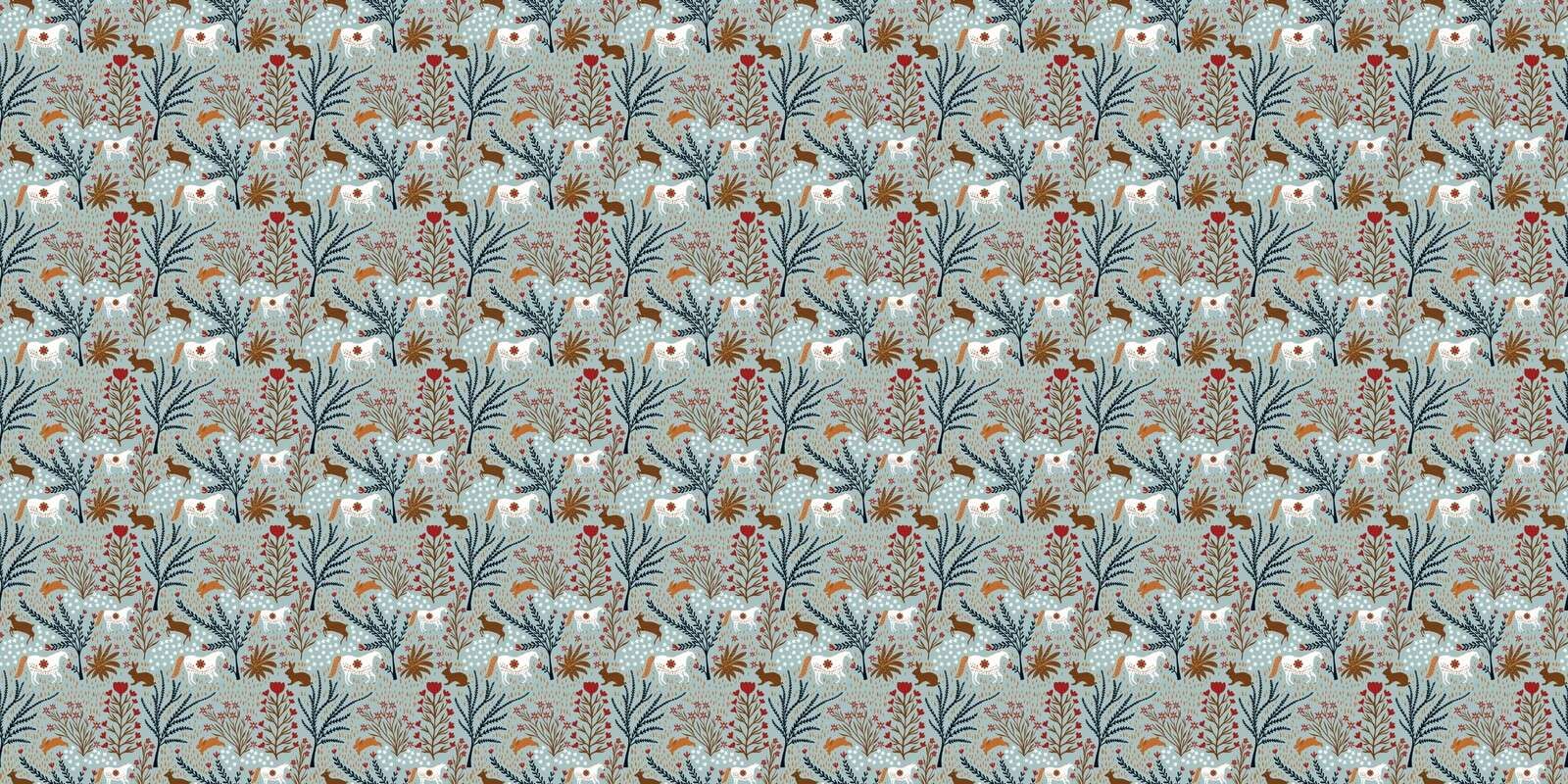 Flower meadow with horses and hares