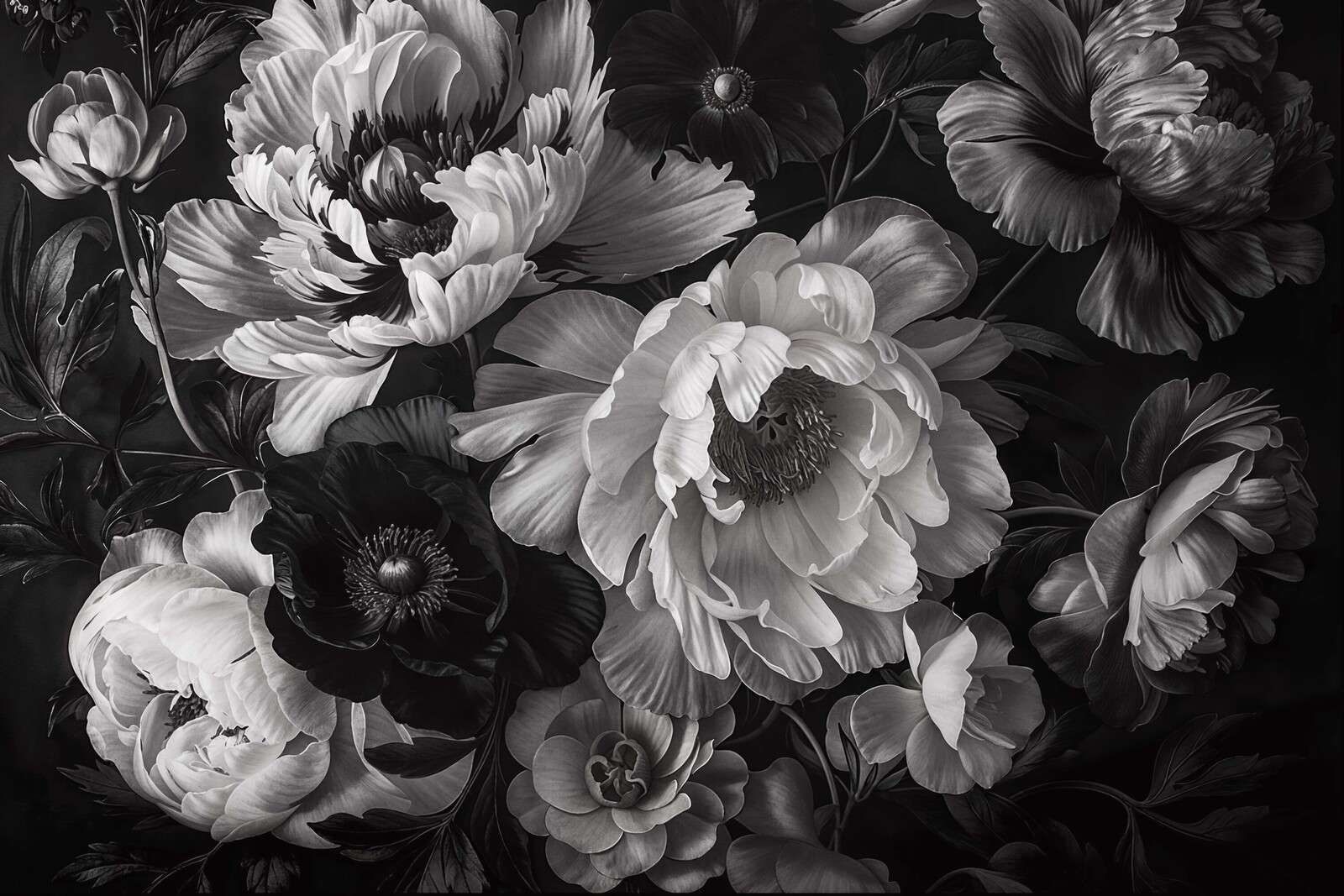Baroque maximalistic flower garden greyscale