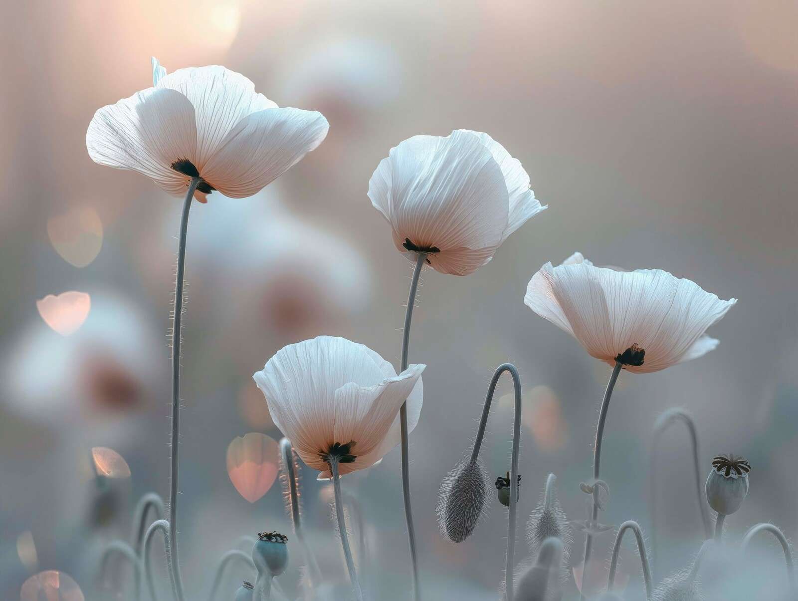 White poppies in morning light