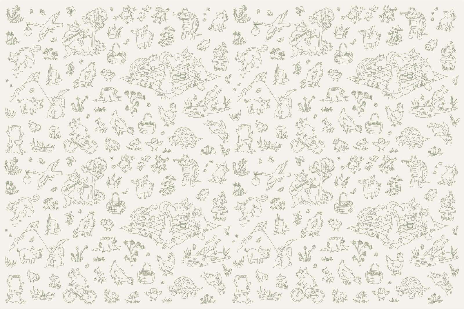 Forest animals calm beige and dark green print
