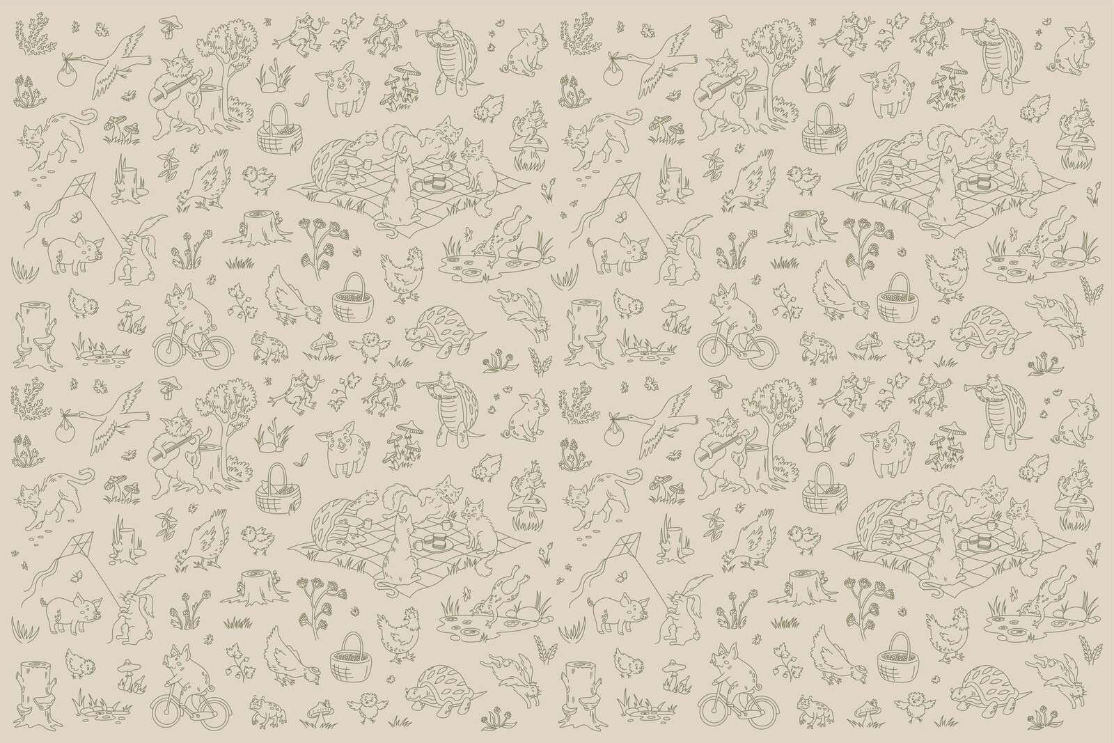 forest animals calm taupe green print