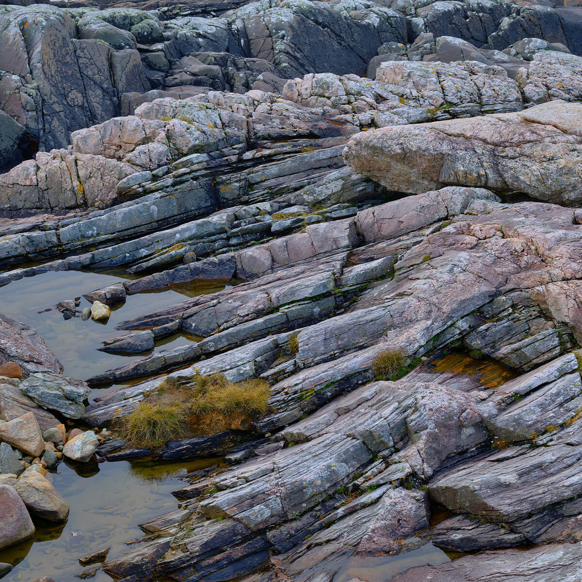 Layered rocks and water