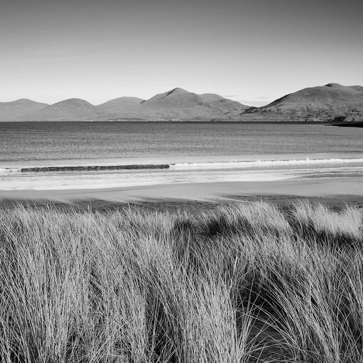 Marram grass, beach and mountains