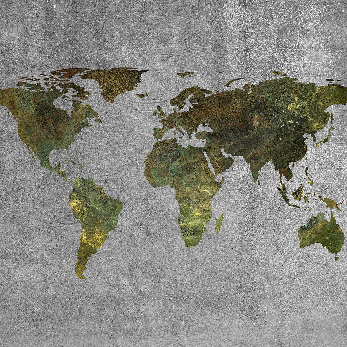 Carte du monde avec structure verte sur béton gris