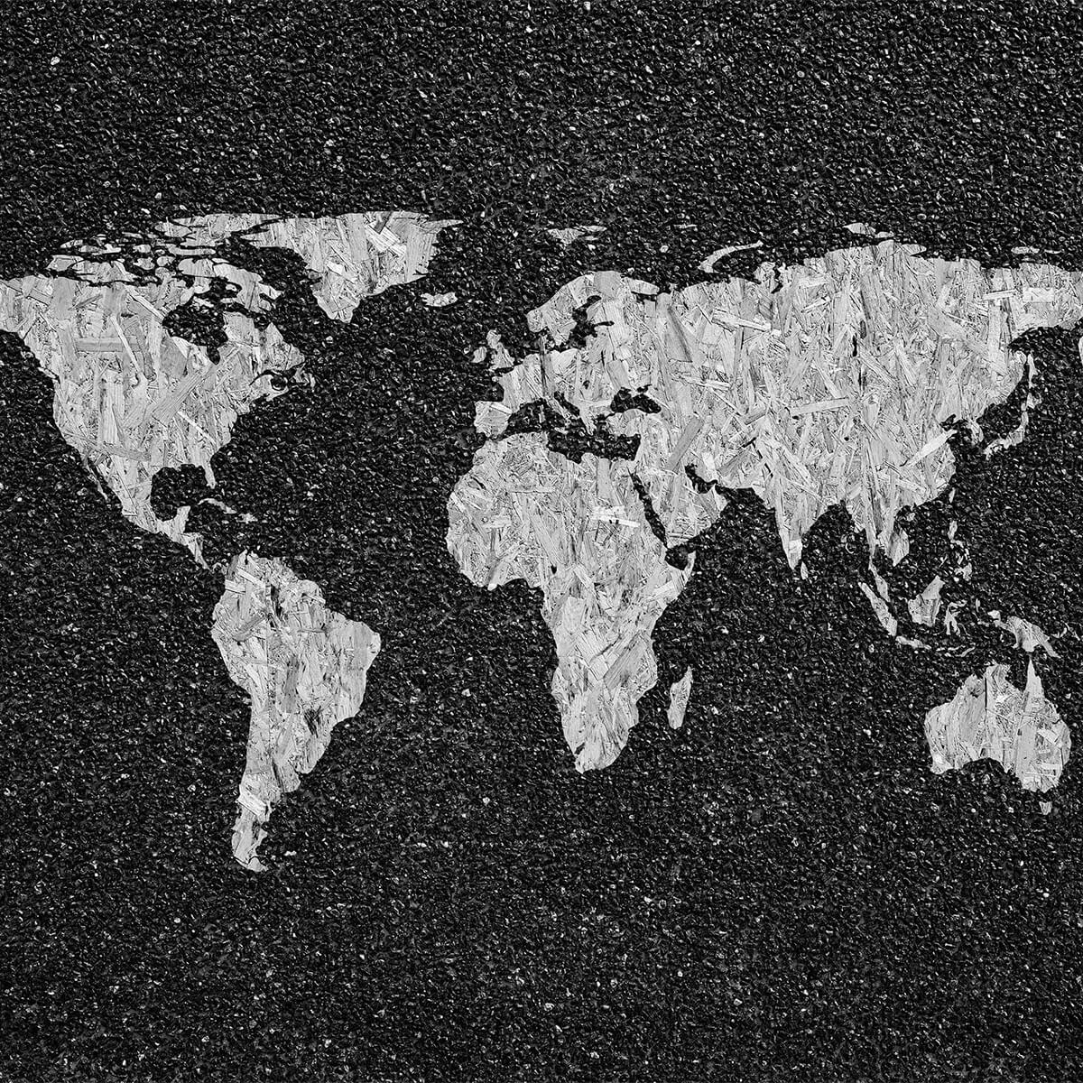 White world map on black background