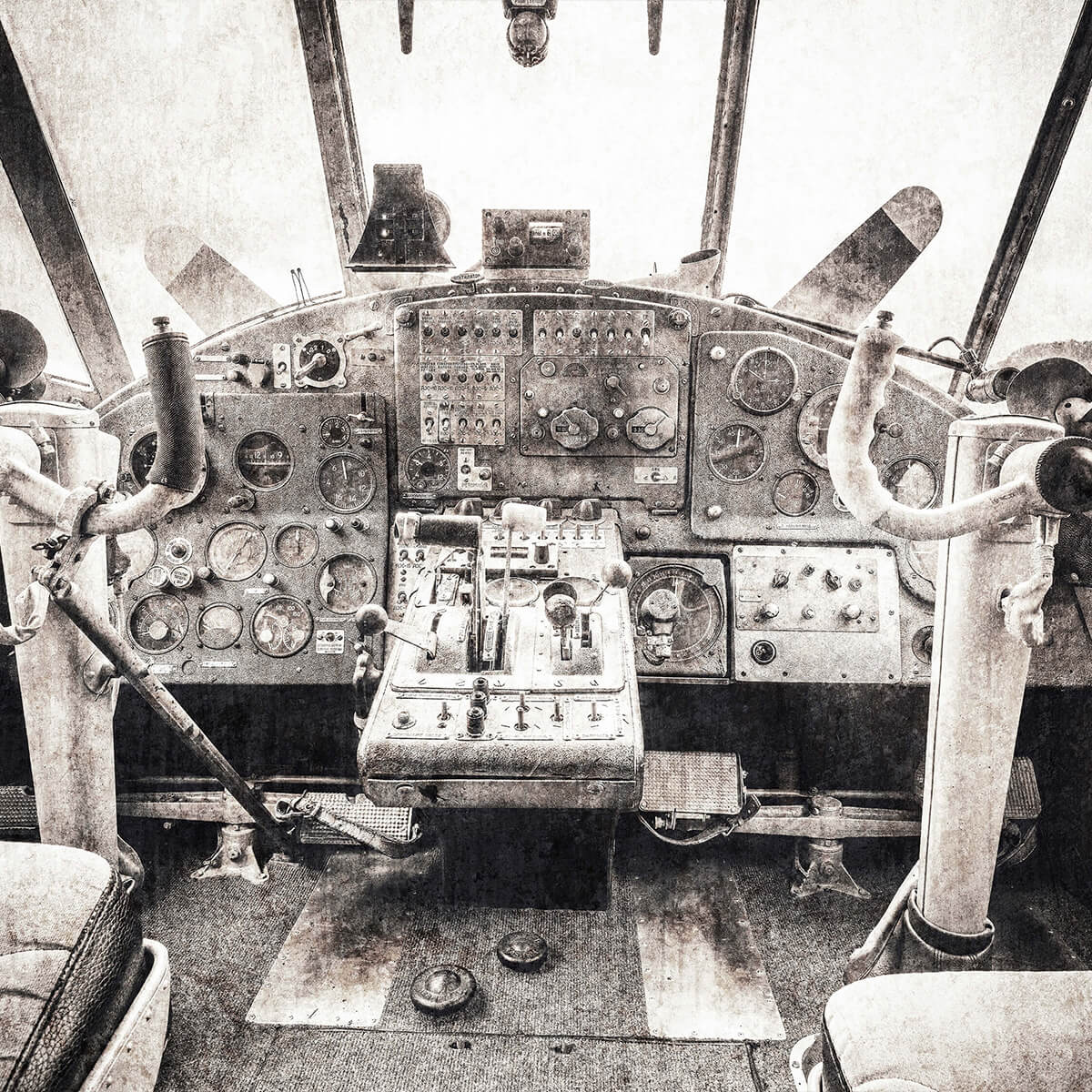 Cockpit eines Flugzeugs in Sepia