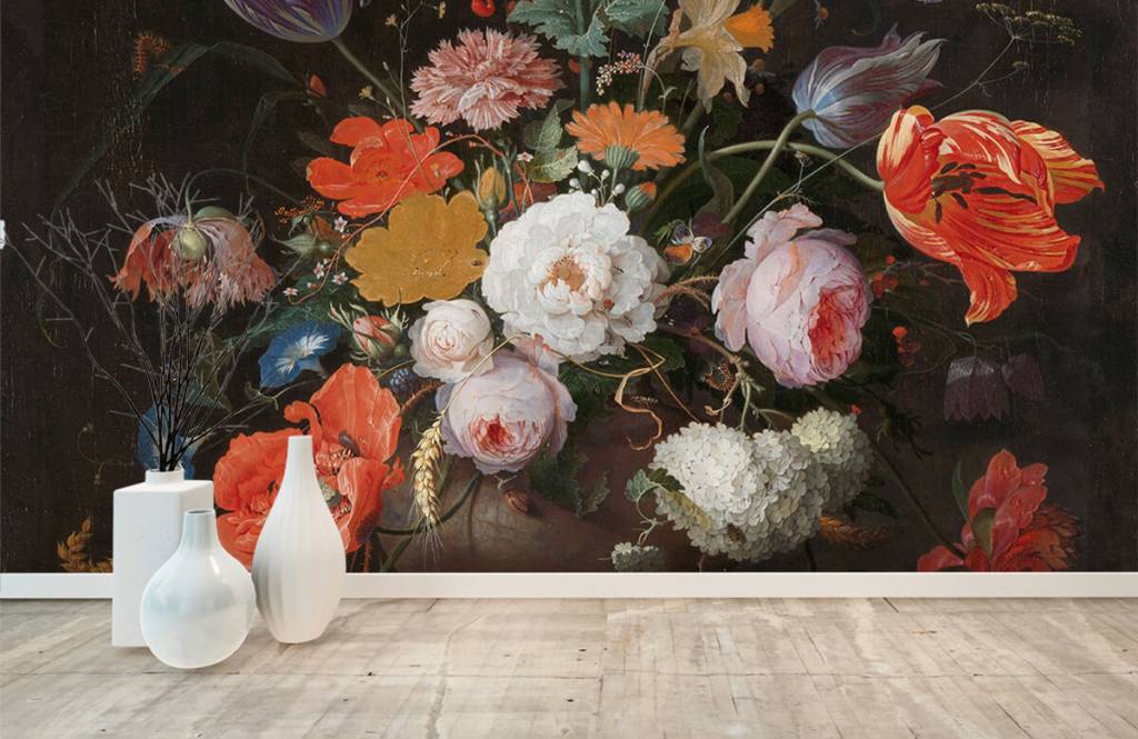 Still life with flowers and a clock on photo wallpaper