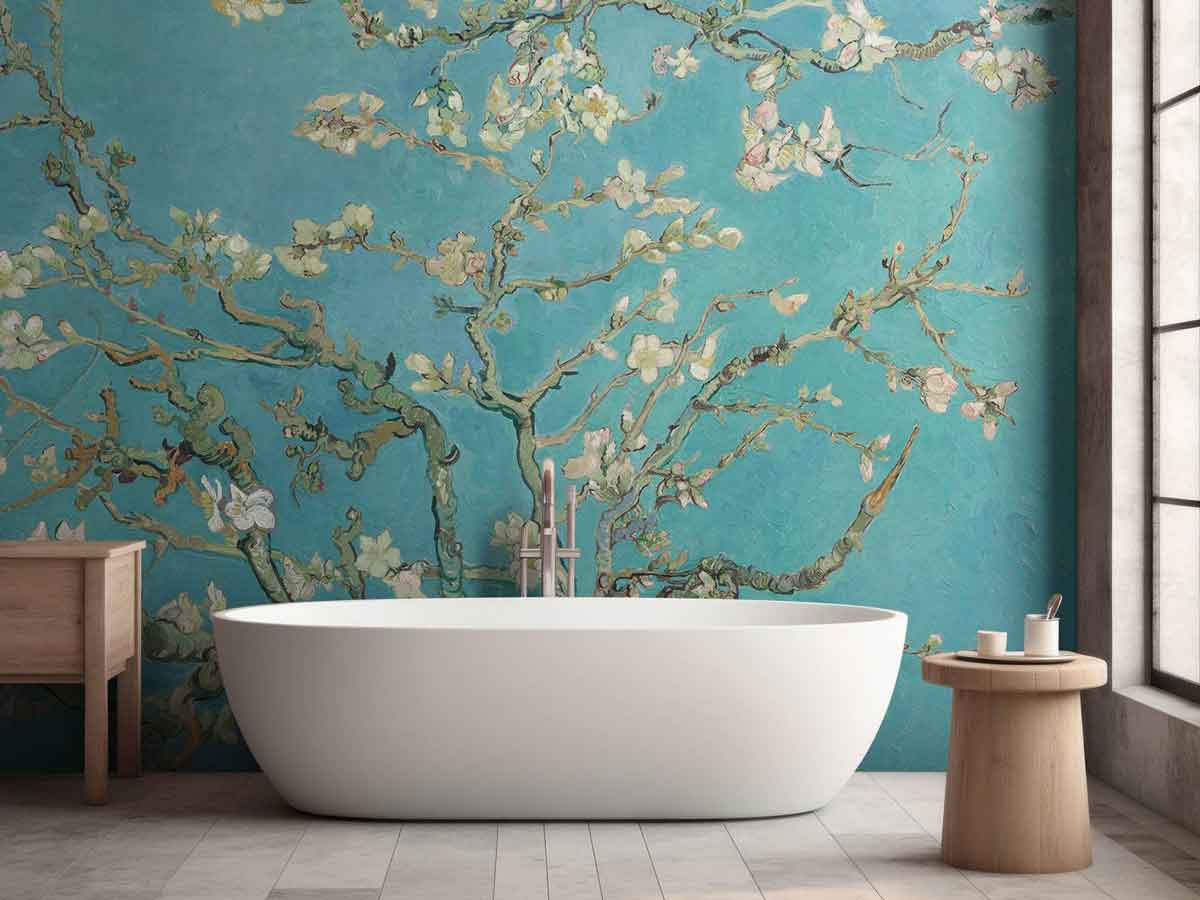 Van Gogh-style blossom wallpaper for an artistic and relaxing bathroom