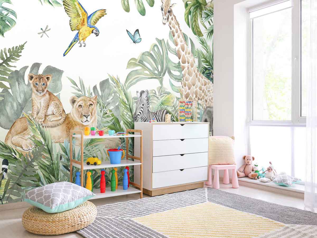 Playful jungle animal wallpaper for children's rooms