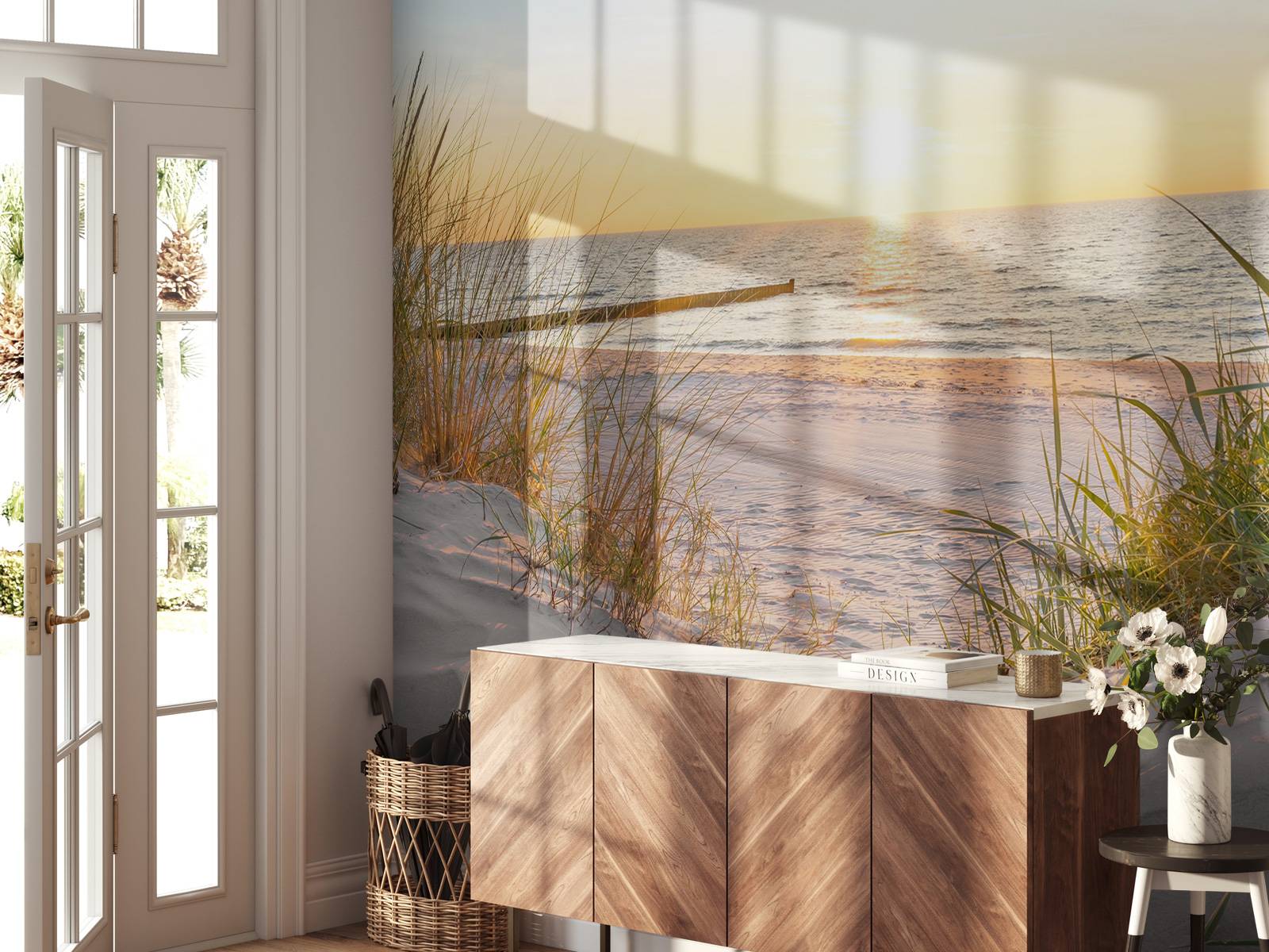 Custom beach sunset wallpaper, perfect for a calming dining room atmosphere