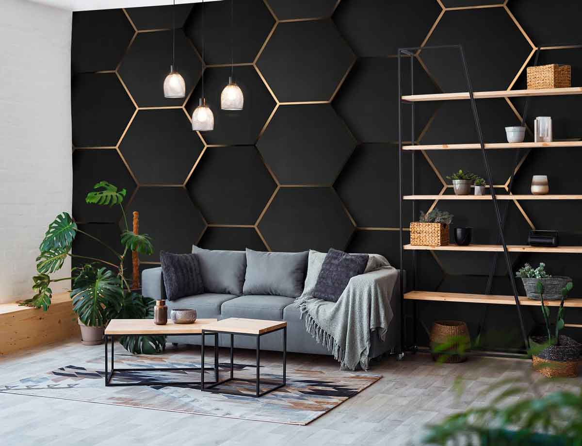 Modern hexagon pattern wallpaper for a stylish living room
